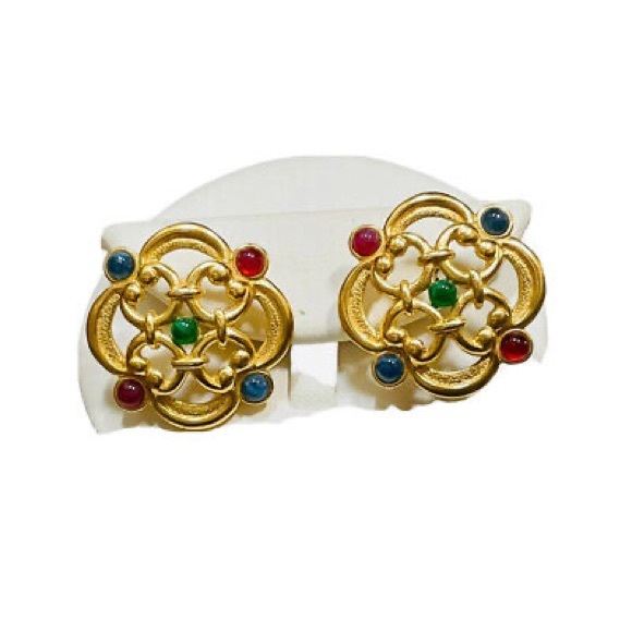 Trifari TM Gripoix Style Earrings Multicolor Jewel Of India Lucite Cabochon Post - Picture 1 of 5